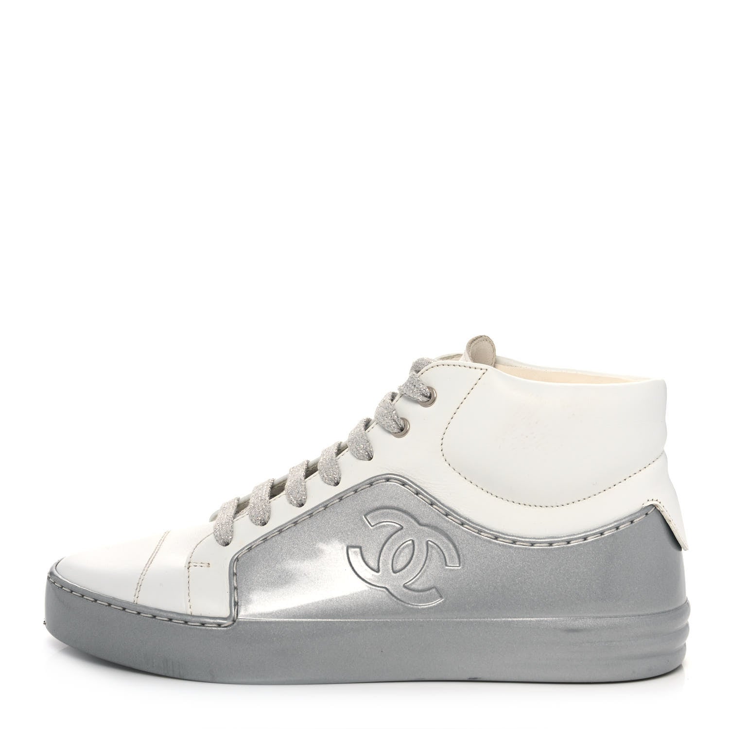 Chanel Patent Lambskin High Top Sneakers 36 White Silver 1 of 9