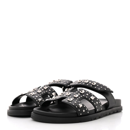 Hermes Calfskin Studded Womens Chypre Sandals 39.5 Black 3 of 8