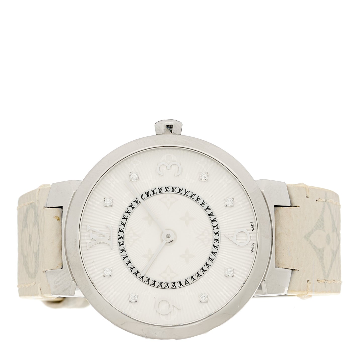 Stainless Steel Monogram Diamond 33mm Tambour Slim Quartz Watch White