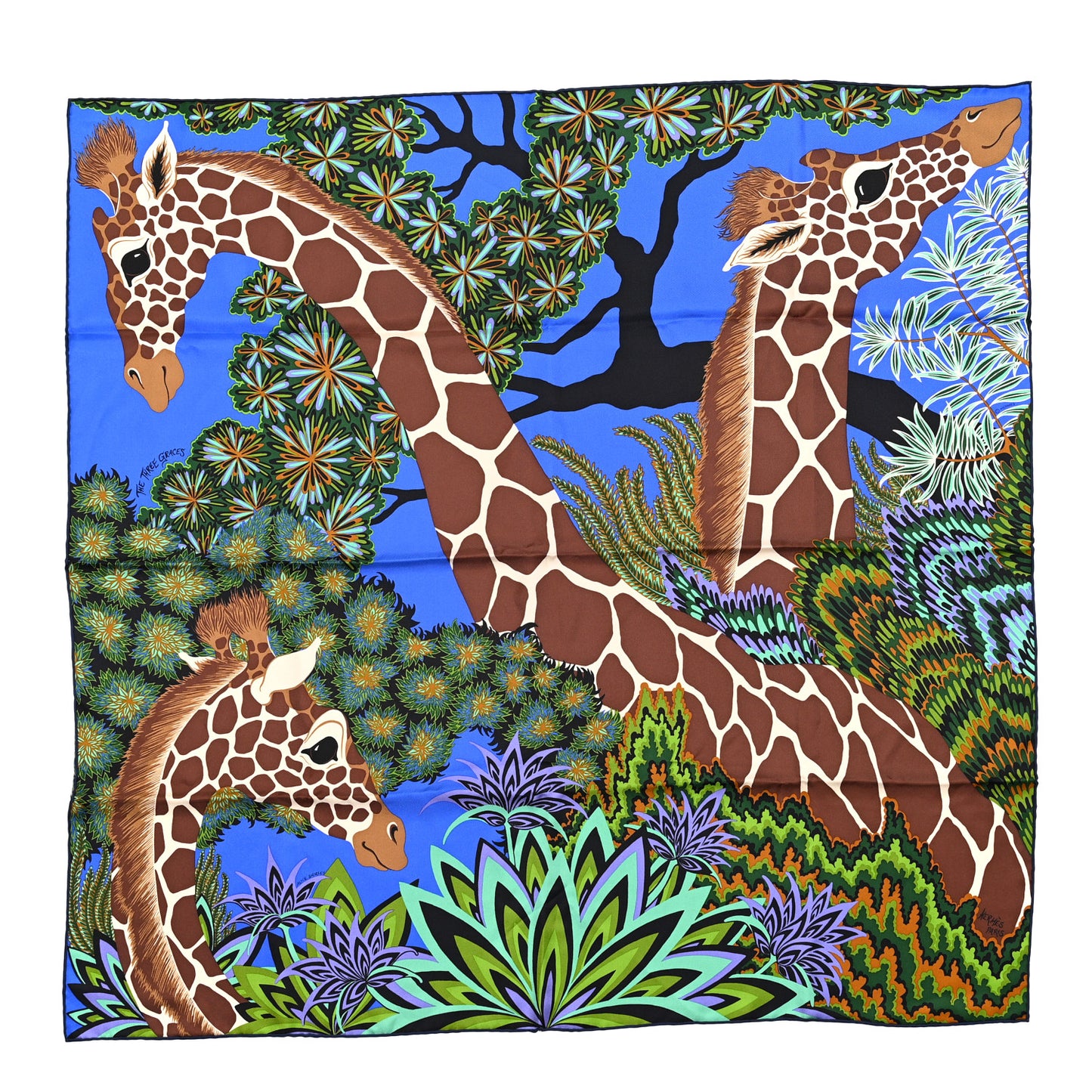 Silk The Three Graces Scarf 90 Bleu Vif Marron Vert
