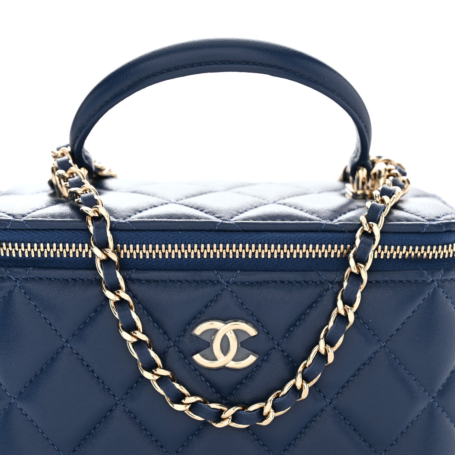 Lambskin Quilted Small Top Handle Vanity Case With Chain Dark Blue