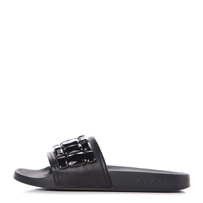 Gucci Calfskin Embellished Pursuit Slide Sandals 39 Black 1 of 6