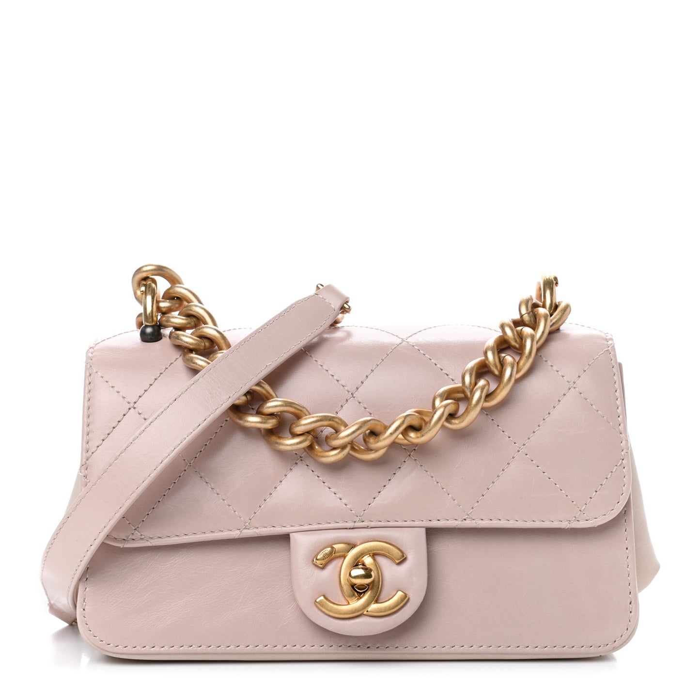Glazed Calfskin Quilted Mini Straight Lined Flap Beige