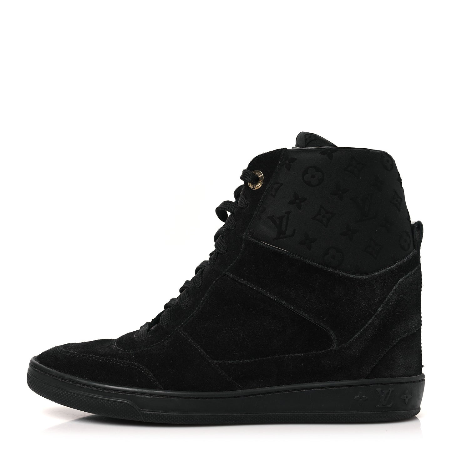 Calfskin Suede Monogram Cliff Top Wedge Sneakers 38.5 Black