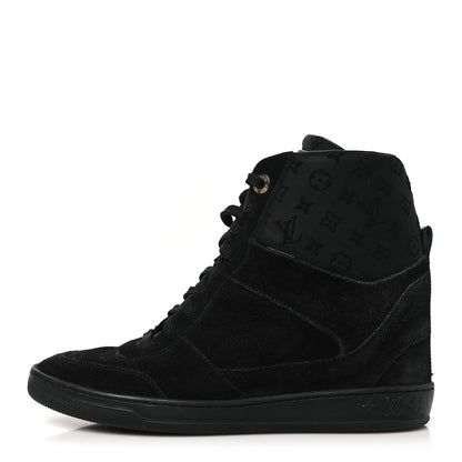 Louis Vuitton Calfskin Suede Monogram Cliff Top Wedge Sneakers 38.5 Black 1 of 8