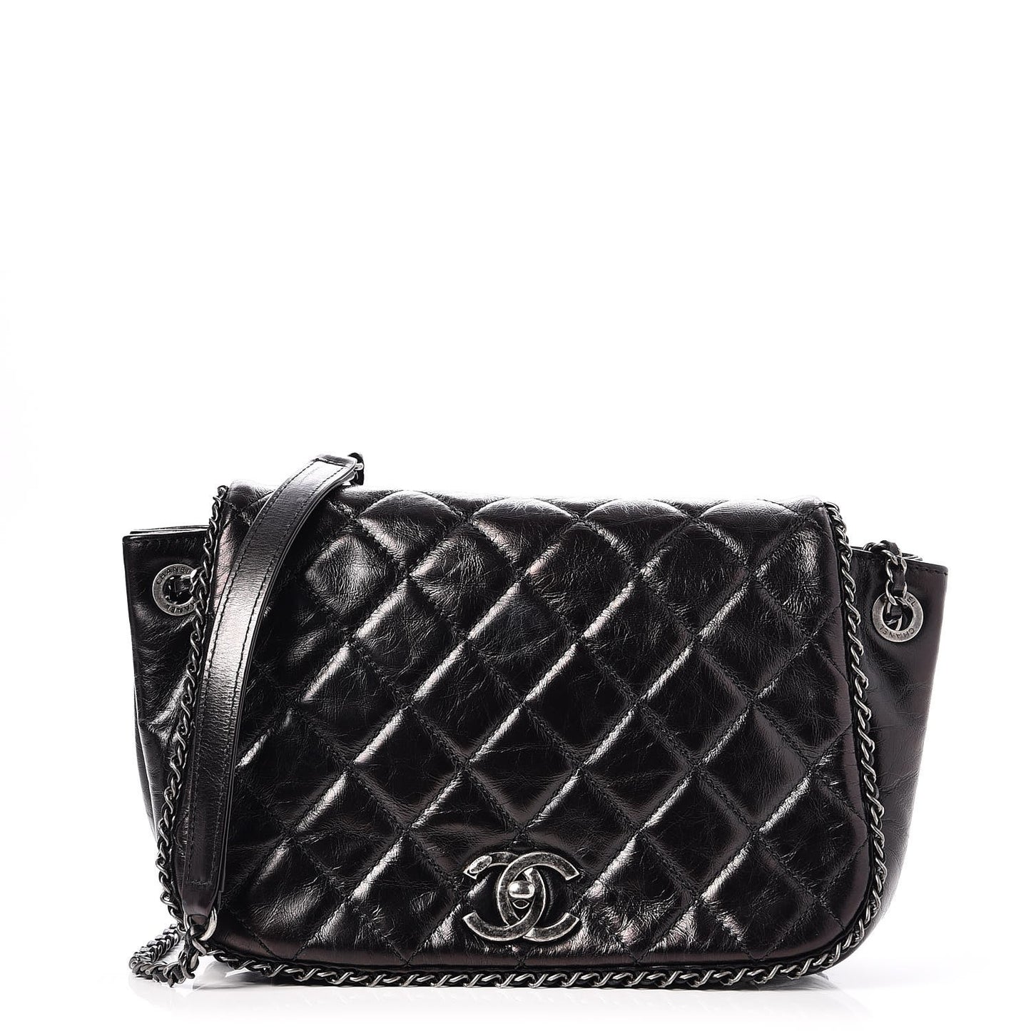 Glazed Calfskin Quilted Small CC Enchained Accordion Flap Black