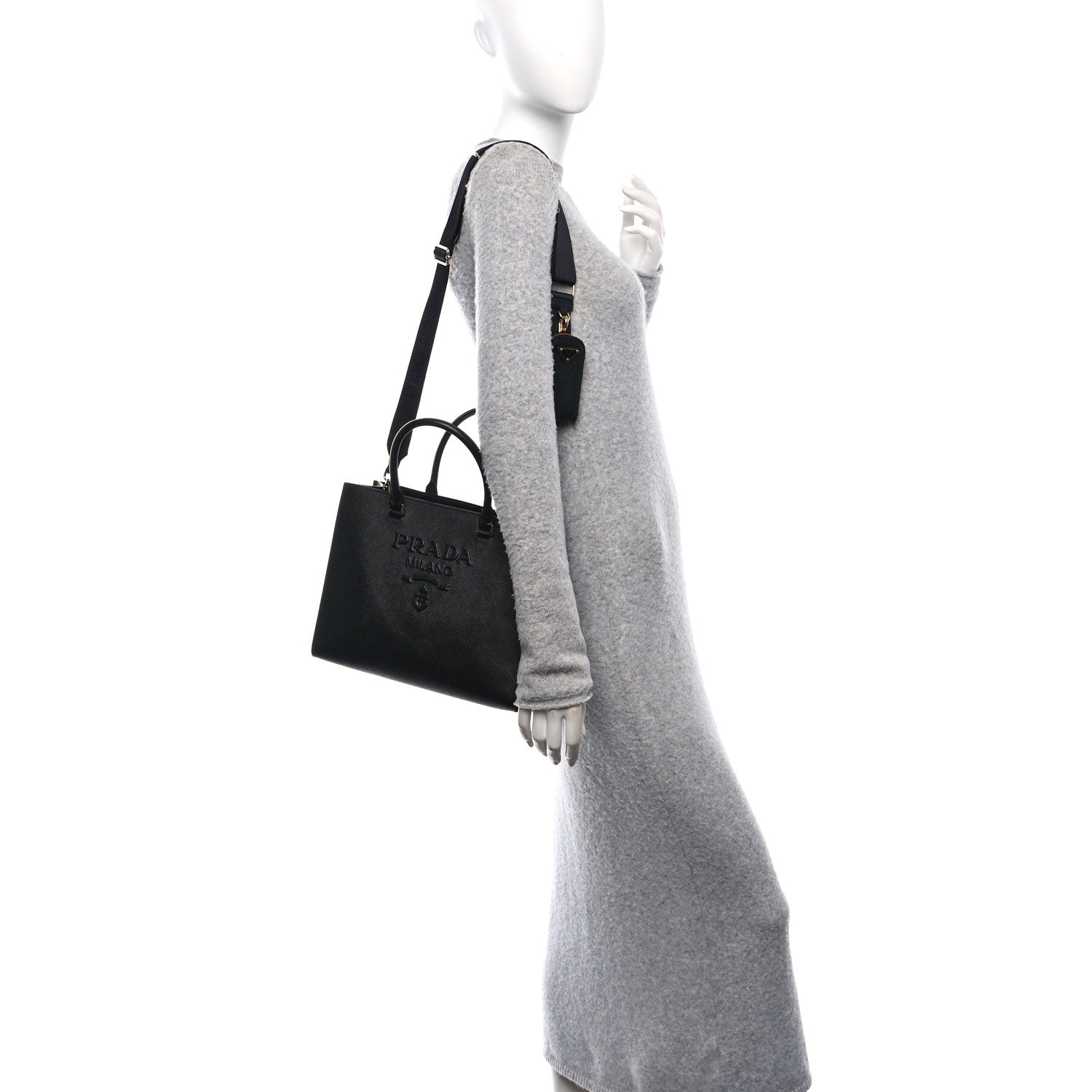 Prada Saffiano Lux Logo Embossed Medium Shoulder Tote Handbag Black 2 of 9