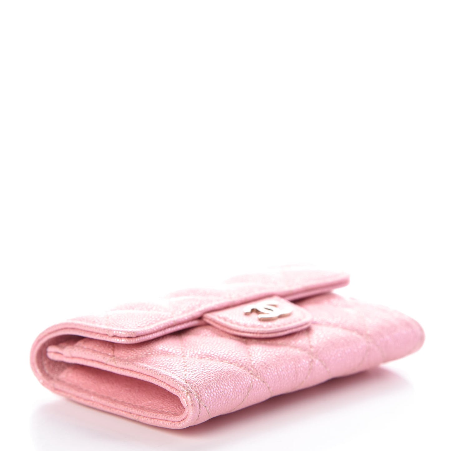 Iridescent Caviar Quilted Flap Card Holder Rose Pink