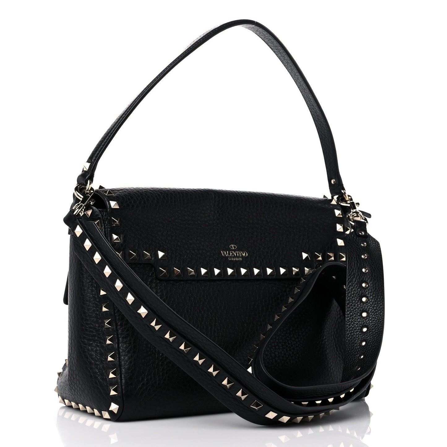 Pebbled Calfskin Rockstud Top Handle Shoulder Bag Black