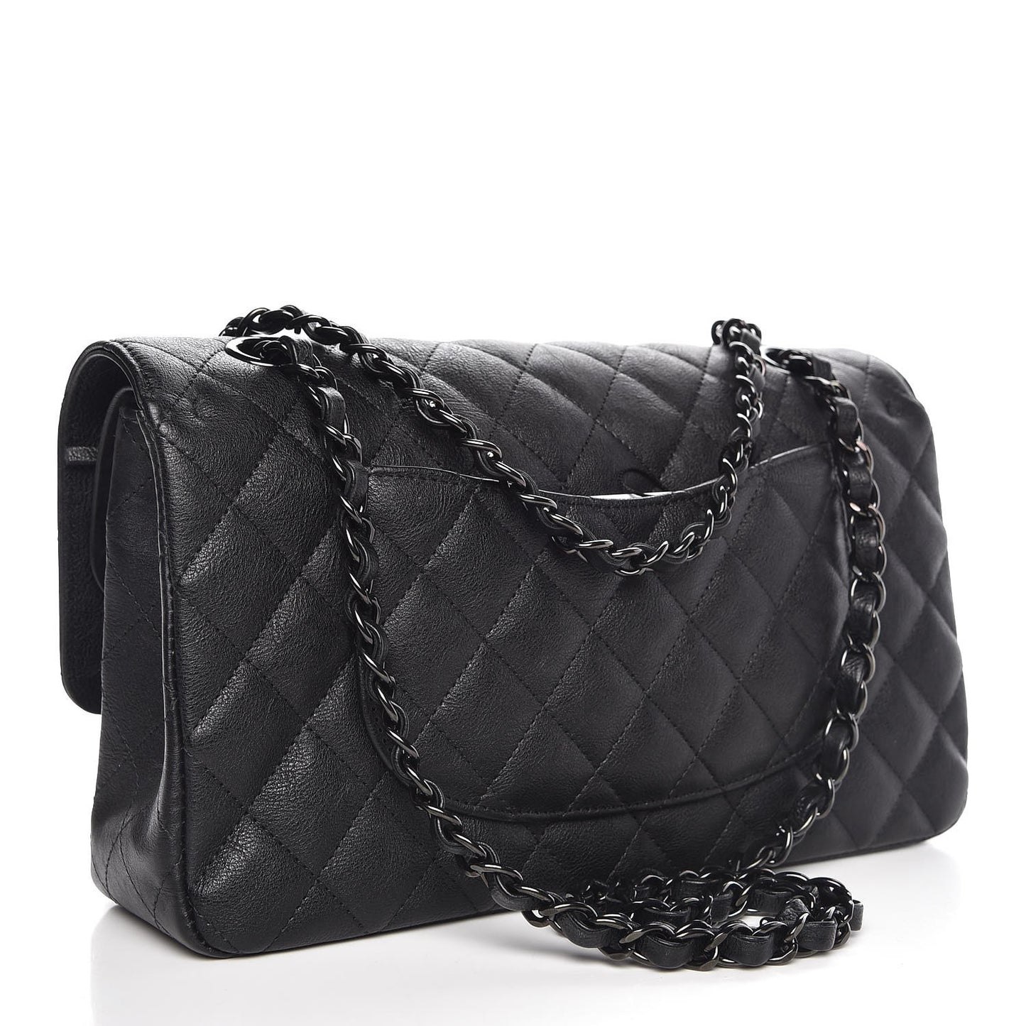 Crumpled Calfskin Quilted Medium Double Flap So Black
