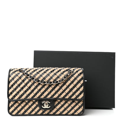 Chanel Raffia Jute Striped Medium Single Flap Black Beige 10 of 10