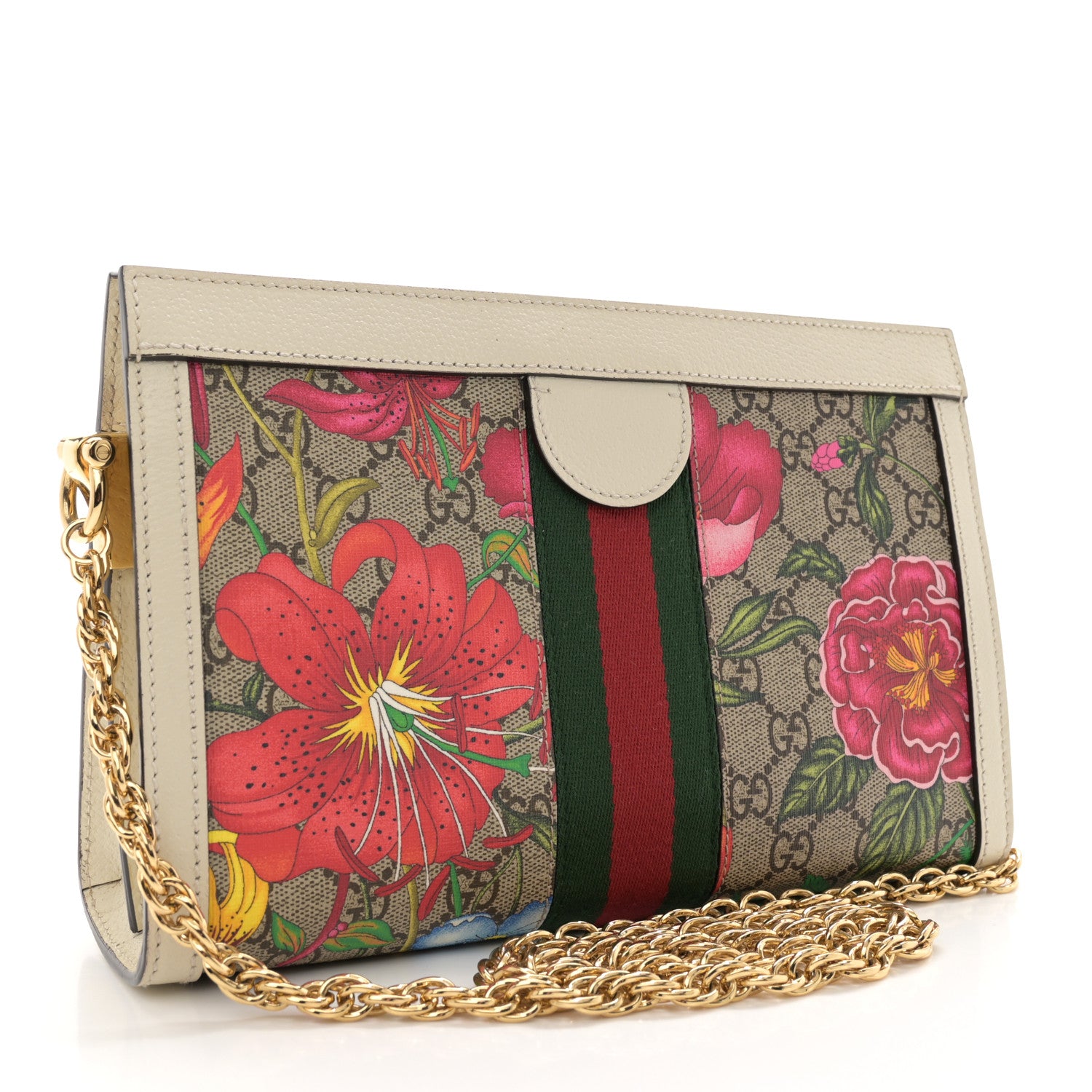 Gucci GG Supreme Monogram Flora Web Small Ophidia Chain Shoulder Bag White 3 of 12