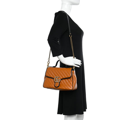 Gucci Azalea Calfskin Matelasse Diagonal Small Torchon GG Marmont Top Handle Shoulder Bag Cognac Black 2 of 10