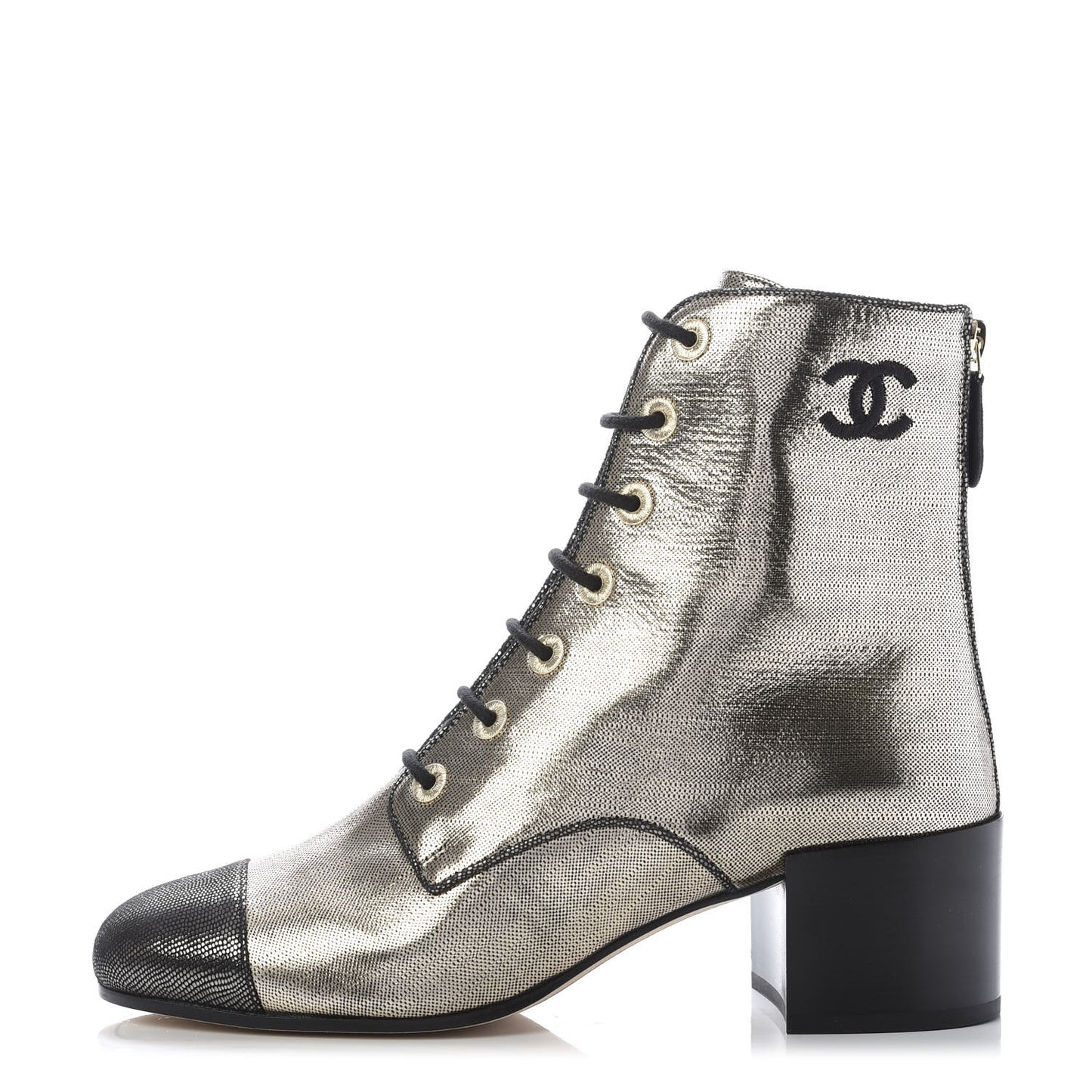 Laminated Calfskin CC Lace Up Short Boots 39.5 Silver Black