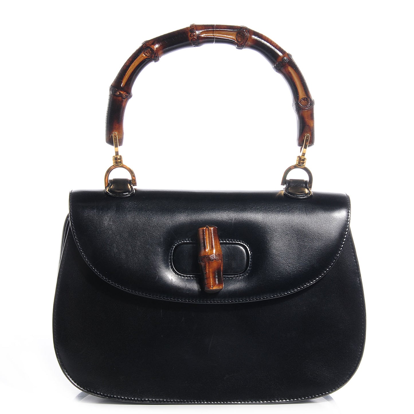 Leather Bamboo Top Handle Bag Black