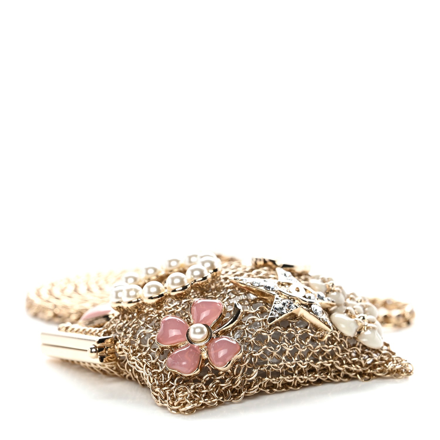 Chanel Metal Pearl Enamel Kiss Lock Chain Mail Charm Clutch Gold 4 of 11