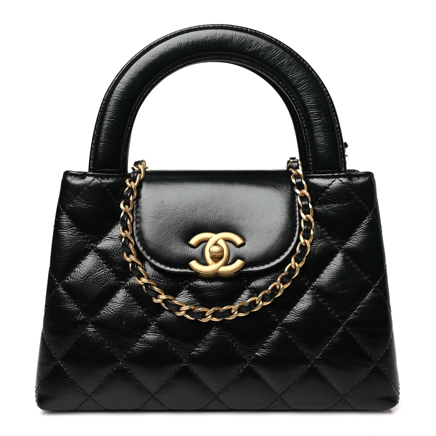 Shiny Aged Calfskin Quilted Nano Kelly Shopper Black
