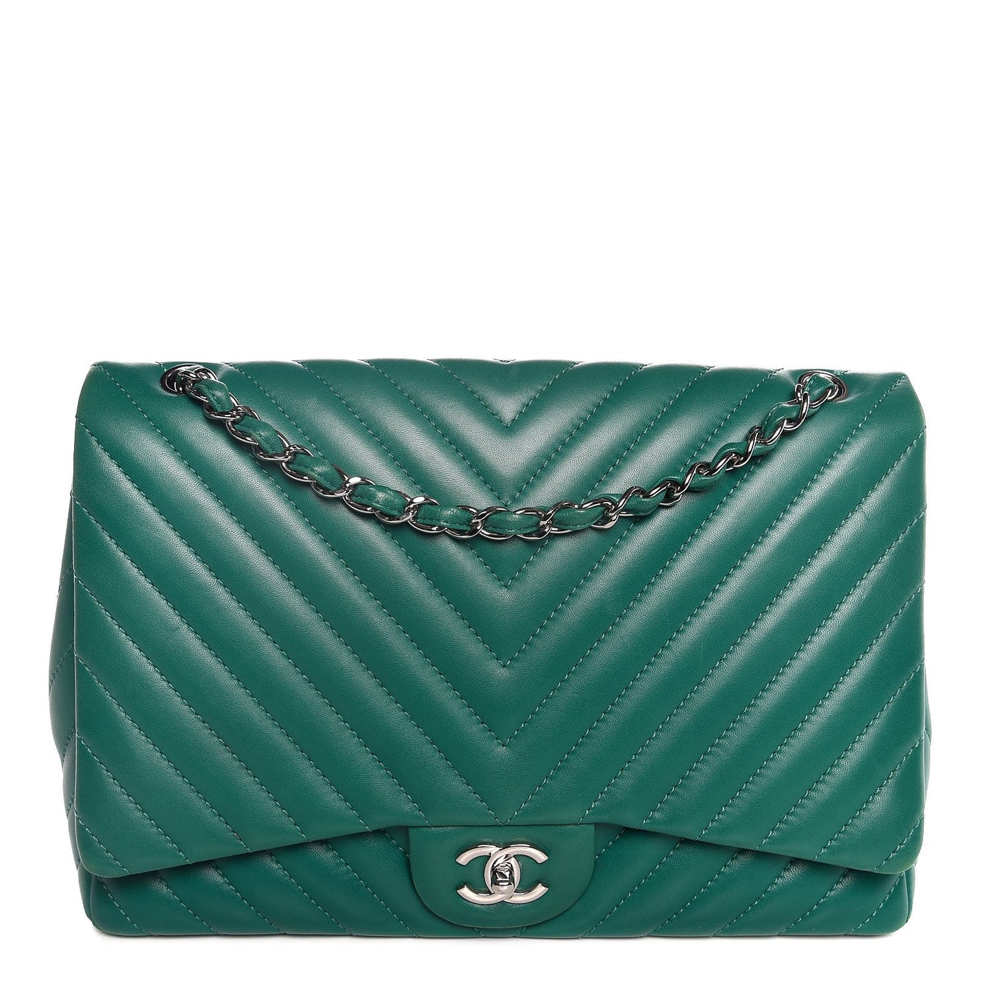 Lambskin Chevron Quilted Maxi Single Flap Green