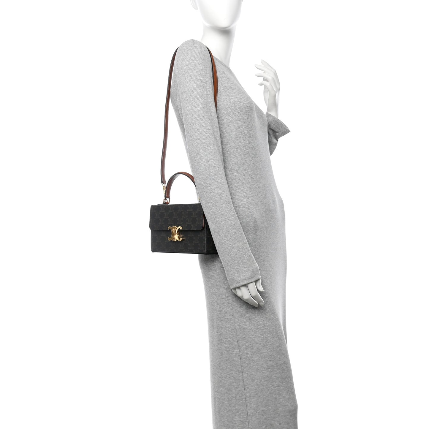 Canvas Calfskin Triomphe Box Top Handle Bag Tan