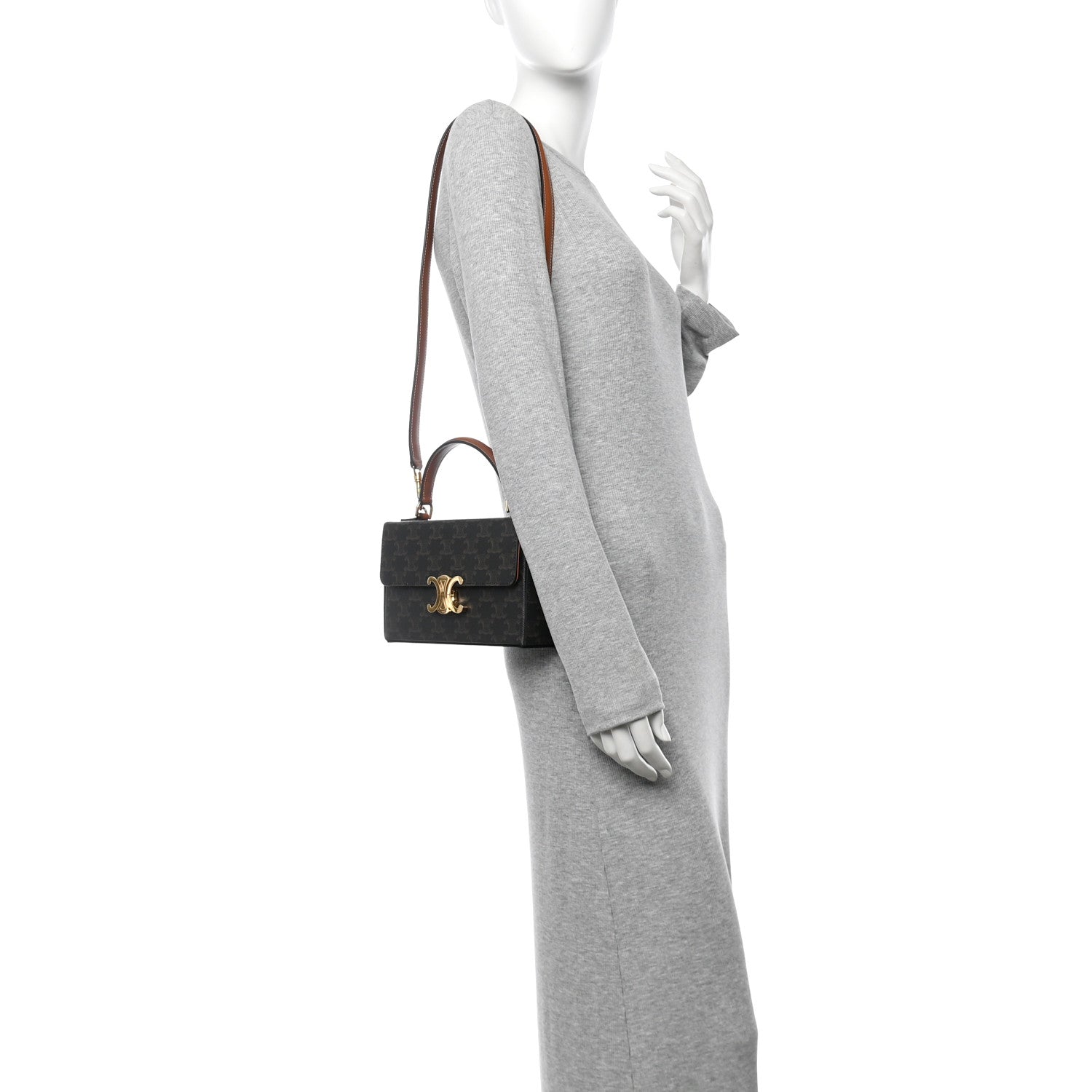 Celine Canvas Calfskin Triomphe Box Top Handle Bag Tan 2 of 11