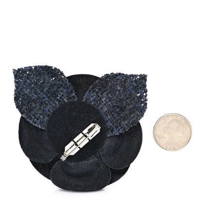 Chanel Tweed Fabric Camellia Pin Brooch Black 2 of 4