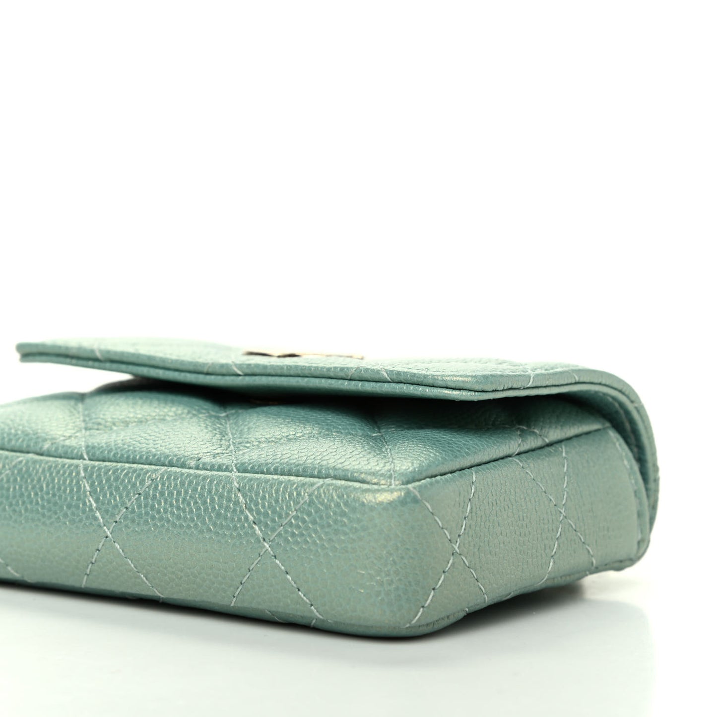 Iridescent Caviar Quilted Pearl On Top Coin Purse With Chain Light Green