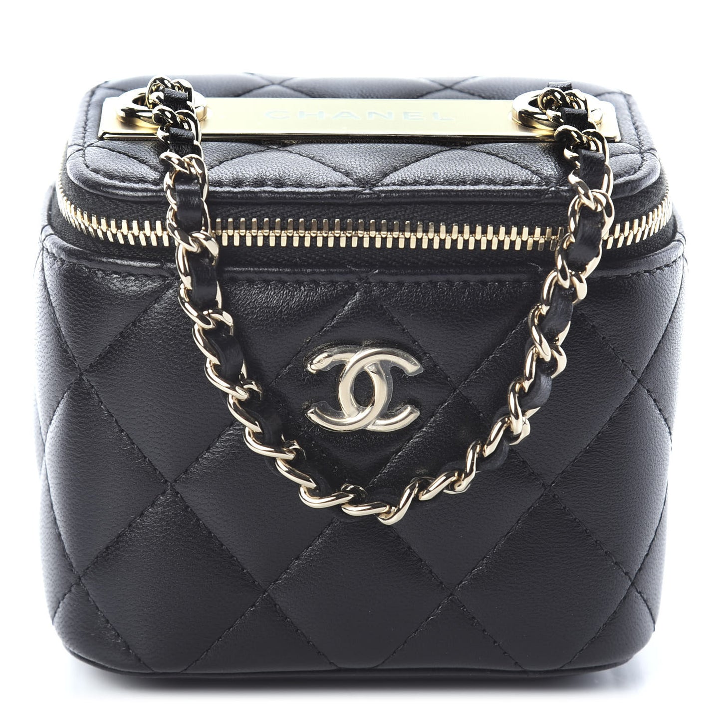 Lambskin Quilted Trendy Mini Vanity Case With Chain Black