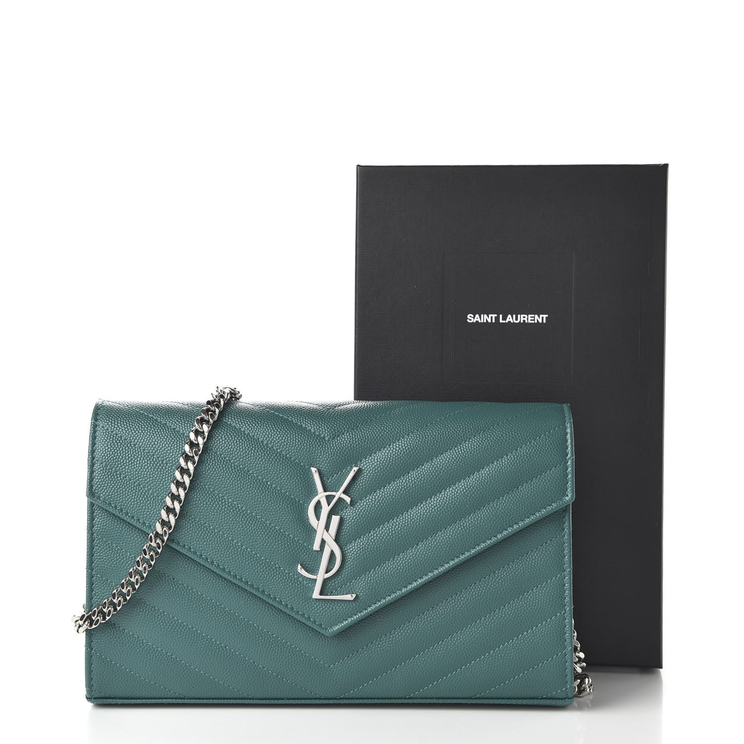 Saint Laurent Grain De Poudre Matelasse Chevron Monogram Chain Wallet Malachite 10 of 10