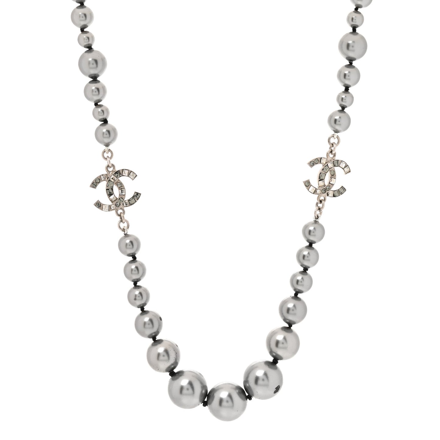 Crystal Baguette Graduated Pearl CC Short Necklace Silver Grey
