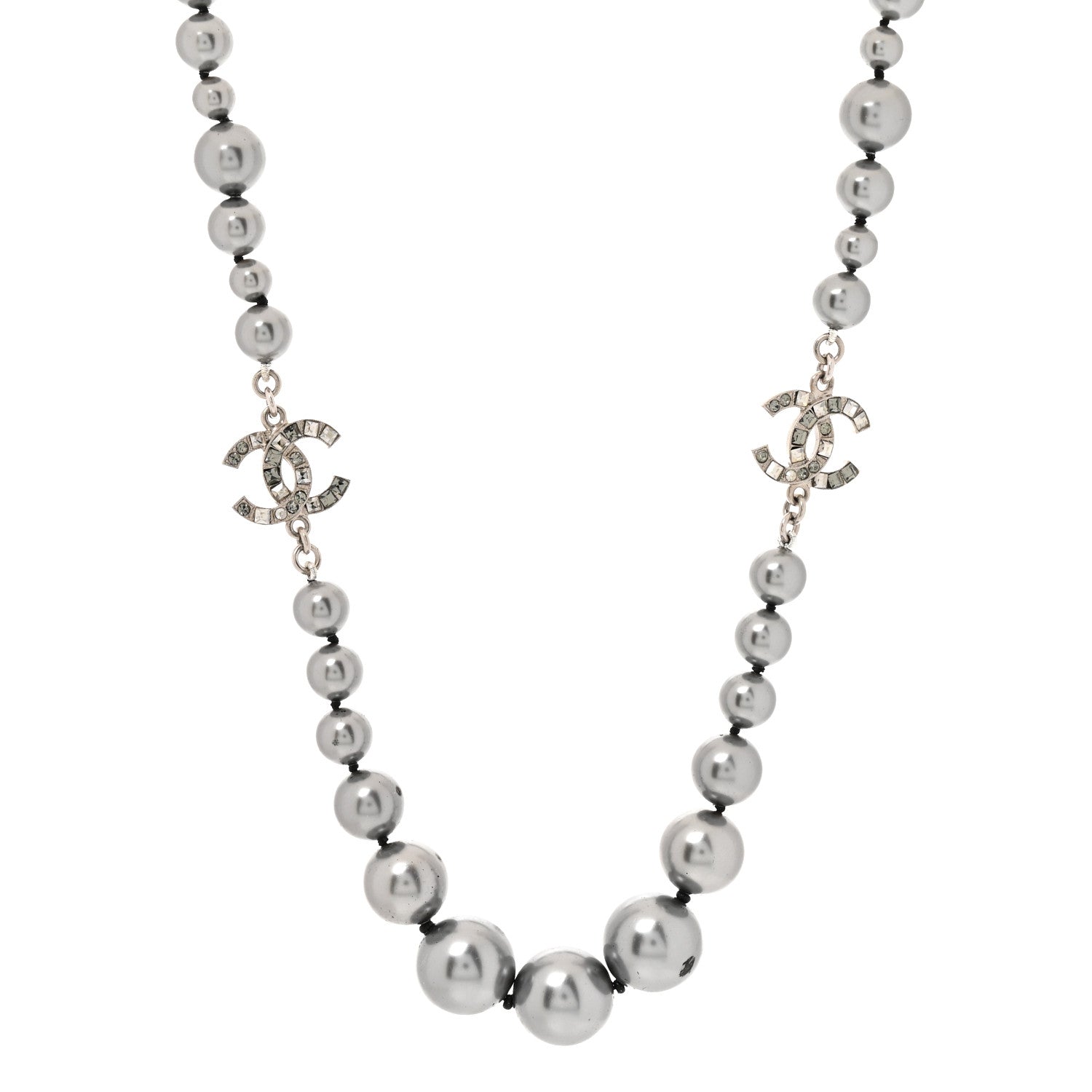 Chanel Crystal Baguette Graduated Pearl CC Short Necklace Silver Grey 1 of 7
