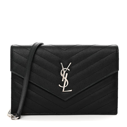 Saint Laurent Grain De Poudre Matelasse Chevron Monogram Envelope Chain Wallet Black 1 of 13