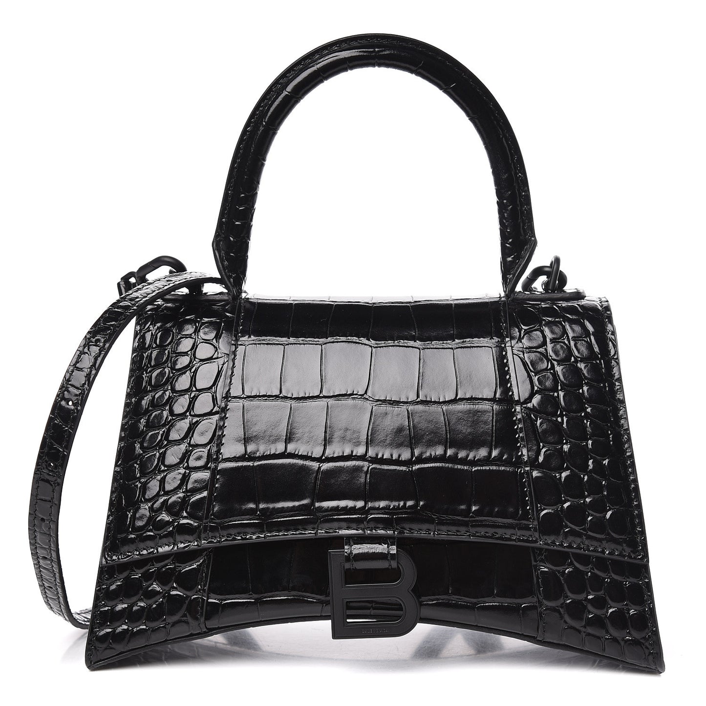 Shiny Calfskin Monochrome Crocodile Embossed Small Hourglass Top Handle Bag Black