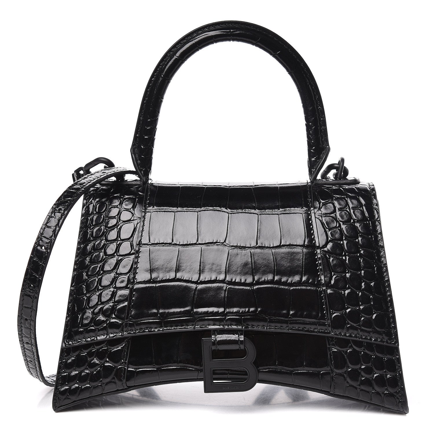 Balenciaga Shiny Calfskin Monochrome Crocodile Embossed Small Hourglass Top Handle Bag Black 1 of 10