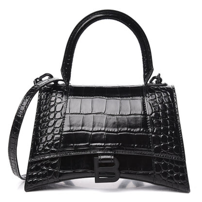 Balenciaga Shiny Calfskin Monochrome Crocodile Embossed Small Hourglass Top Handle Bag Black 1 of 10