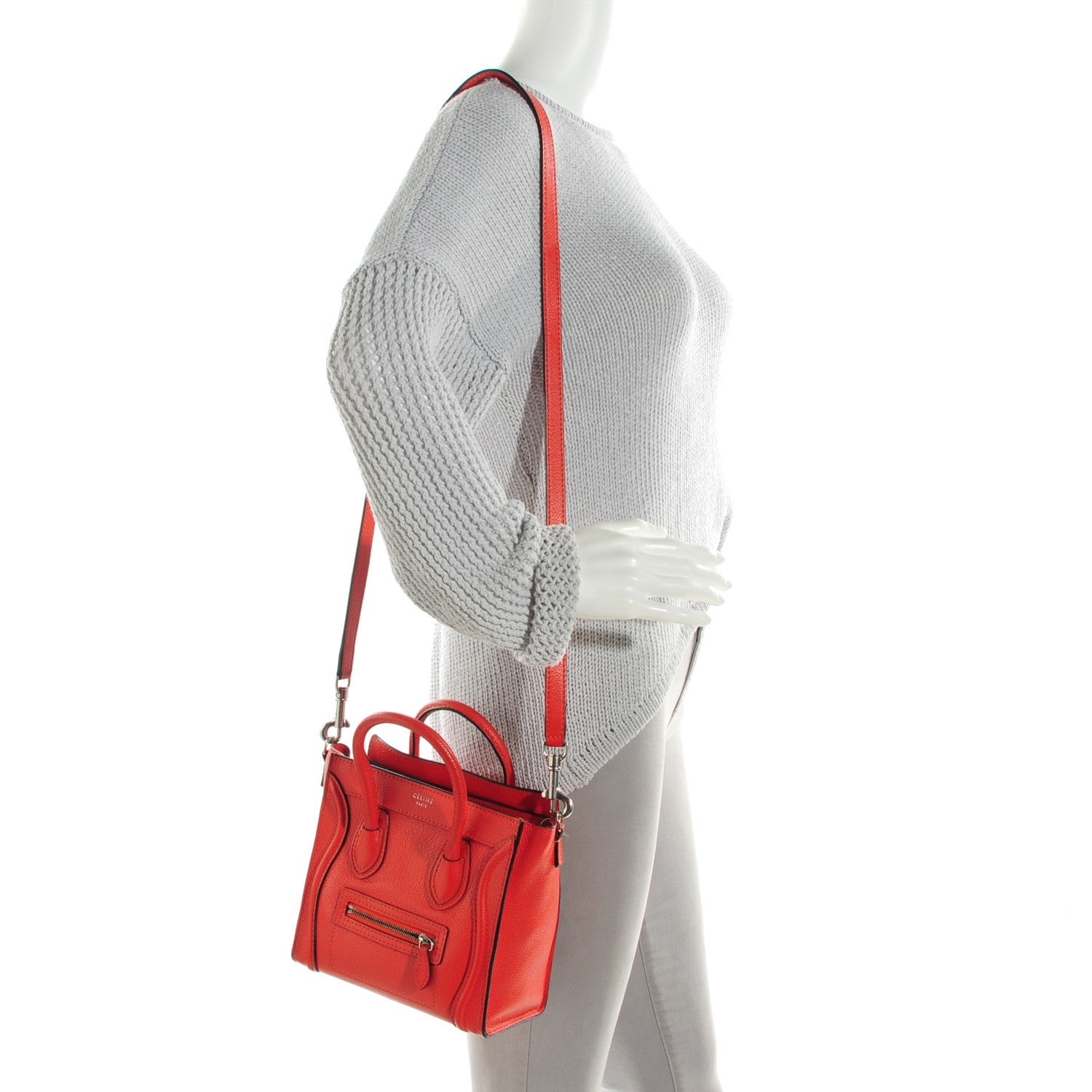 Celine Drummed Calfskin Nano Luggage Vermillion 2 of 9