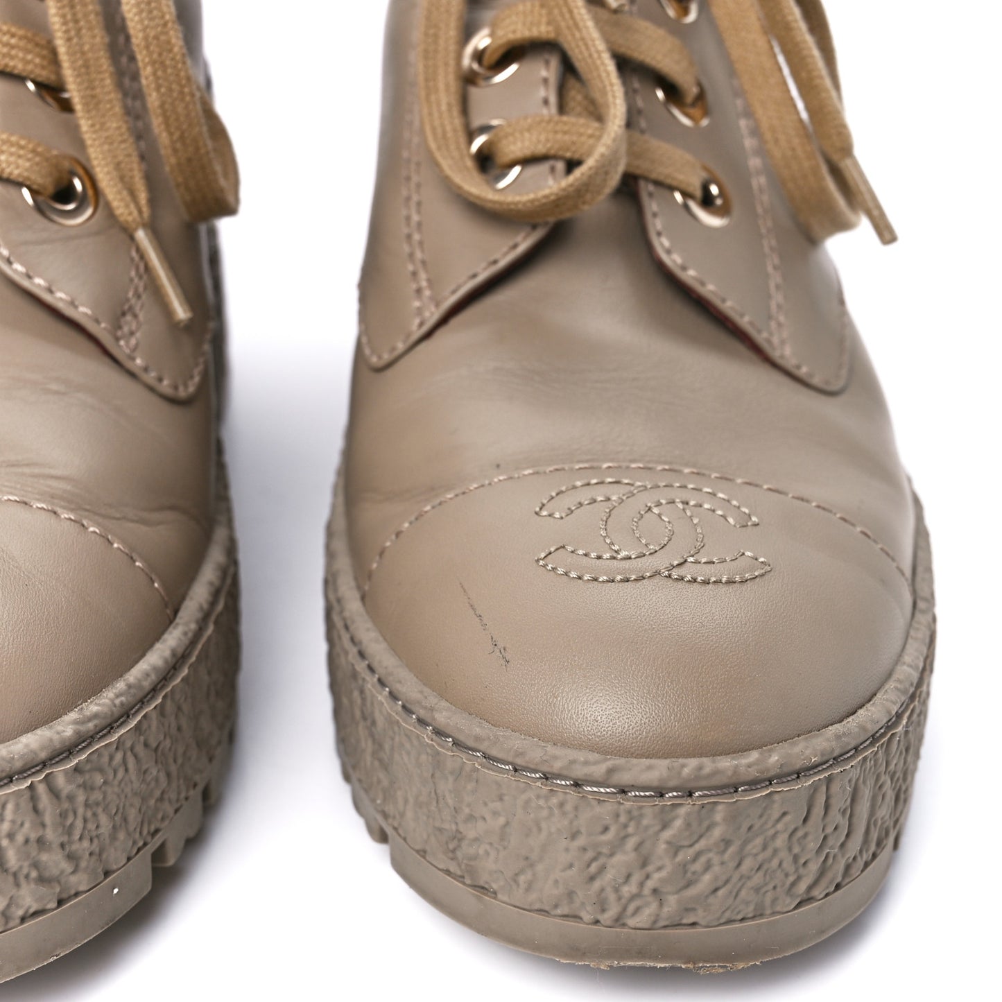 Calfskin CC Turnlock Lace Up Boots 37.5 Beige