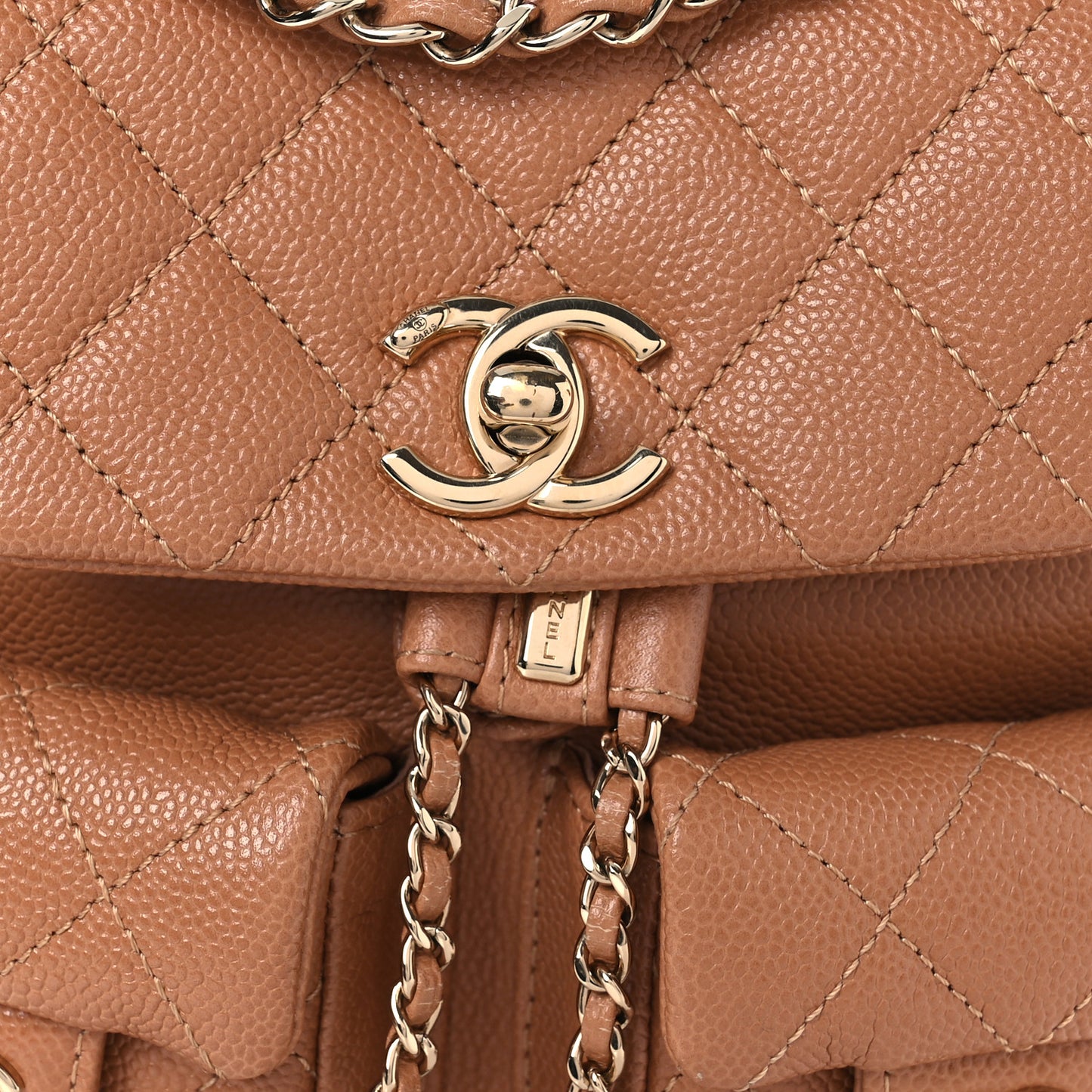 Shiny Caviar Quilted Small Duma Pockets Drawstring Backpack Dark Beige