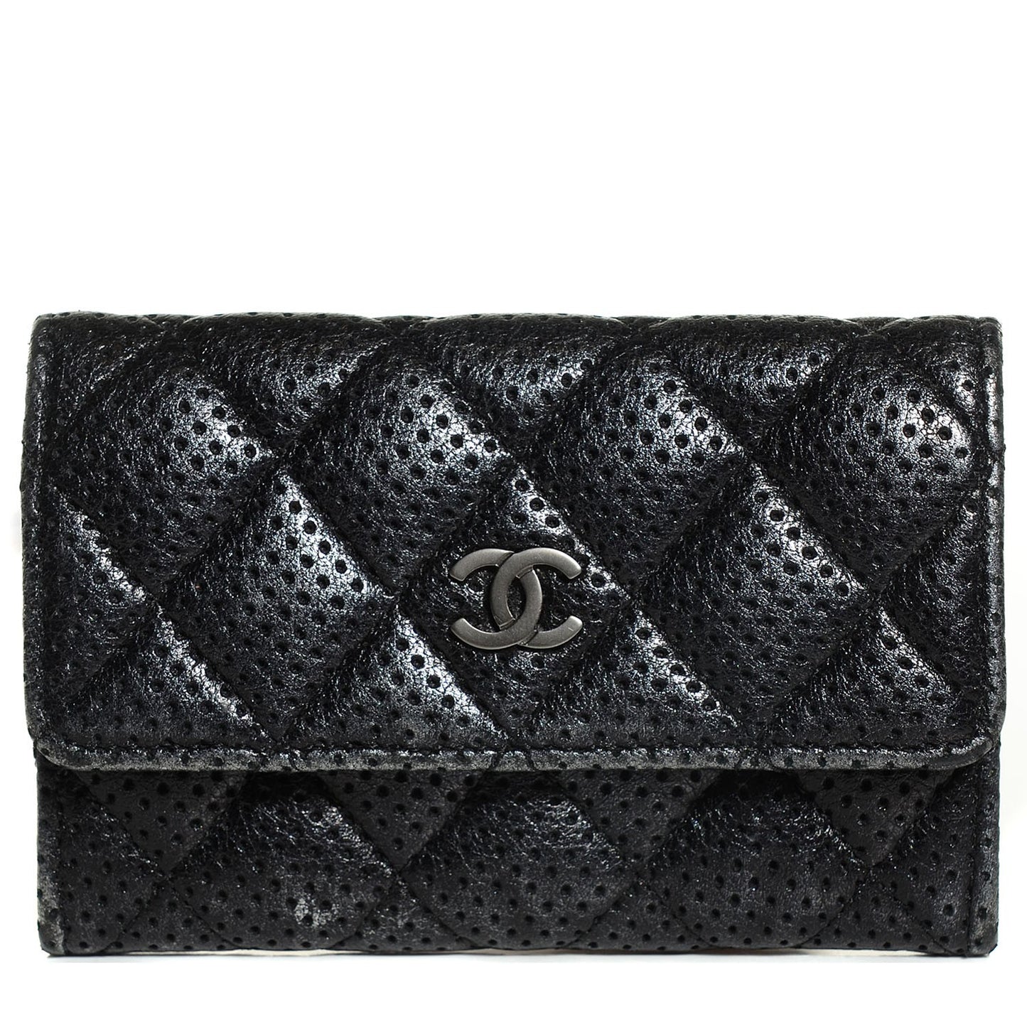 Lambskin Perforated Quilted Card Holder Black