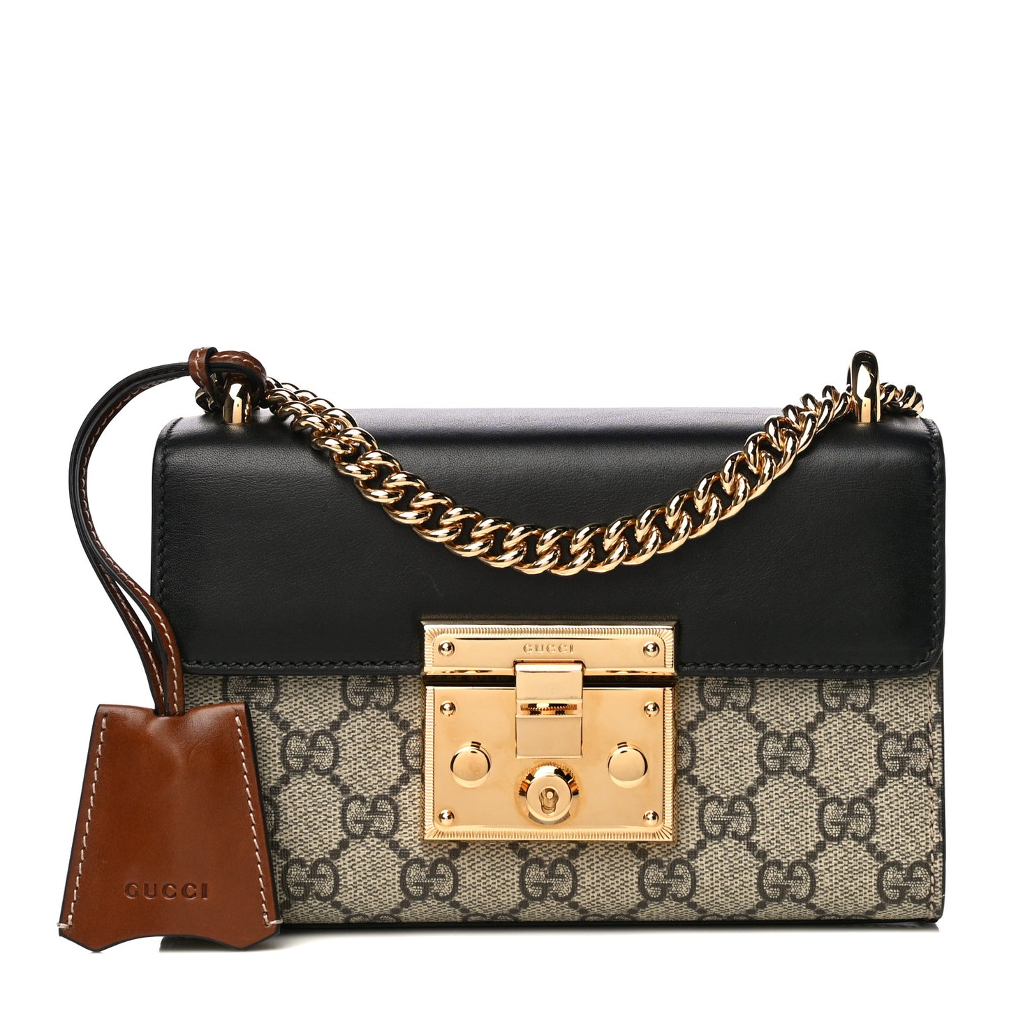 GG Supreme Monogram Calfskin Small Padlock Shoulder Bag Beige Black Cuir