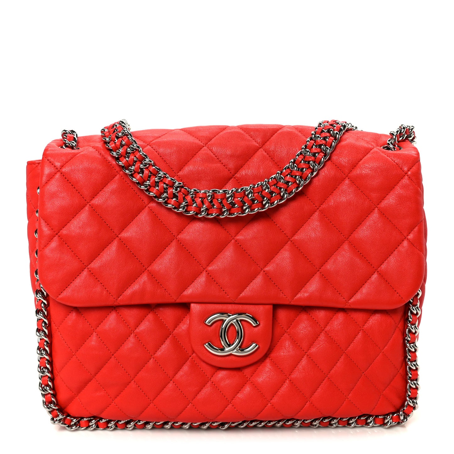 Washed Lambskin Quilted Maxi Chain Around Flap Red