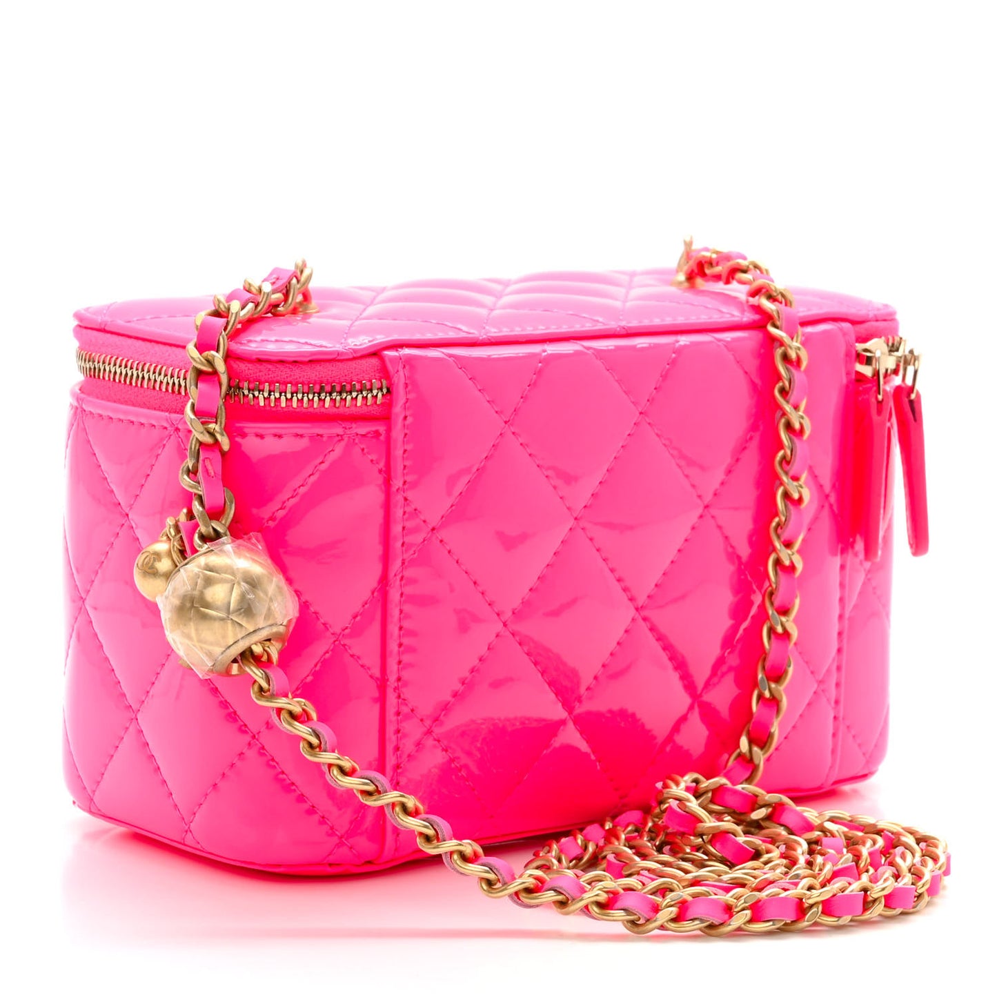 Patent Quilted Pearl Crush Small Vanity Case With Chain Neon Pink