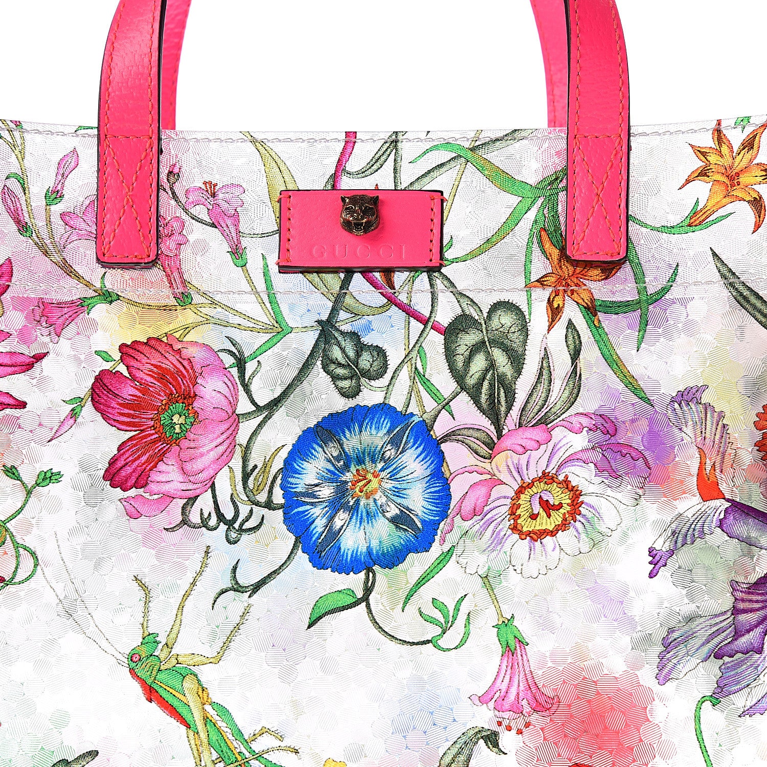 Gucci Calfskin Textured Vinyl Print Flora Tote Fluorescent Fuchsia 7 of 7