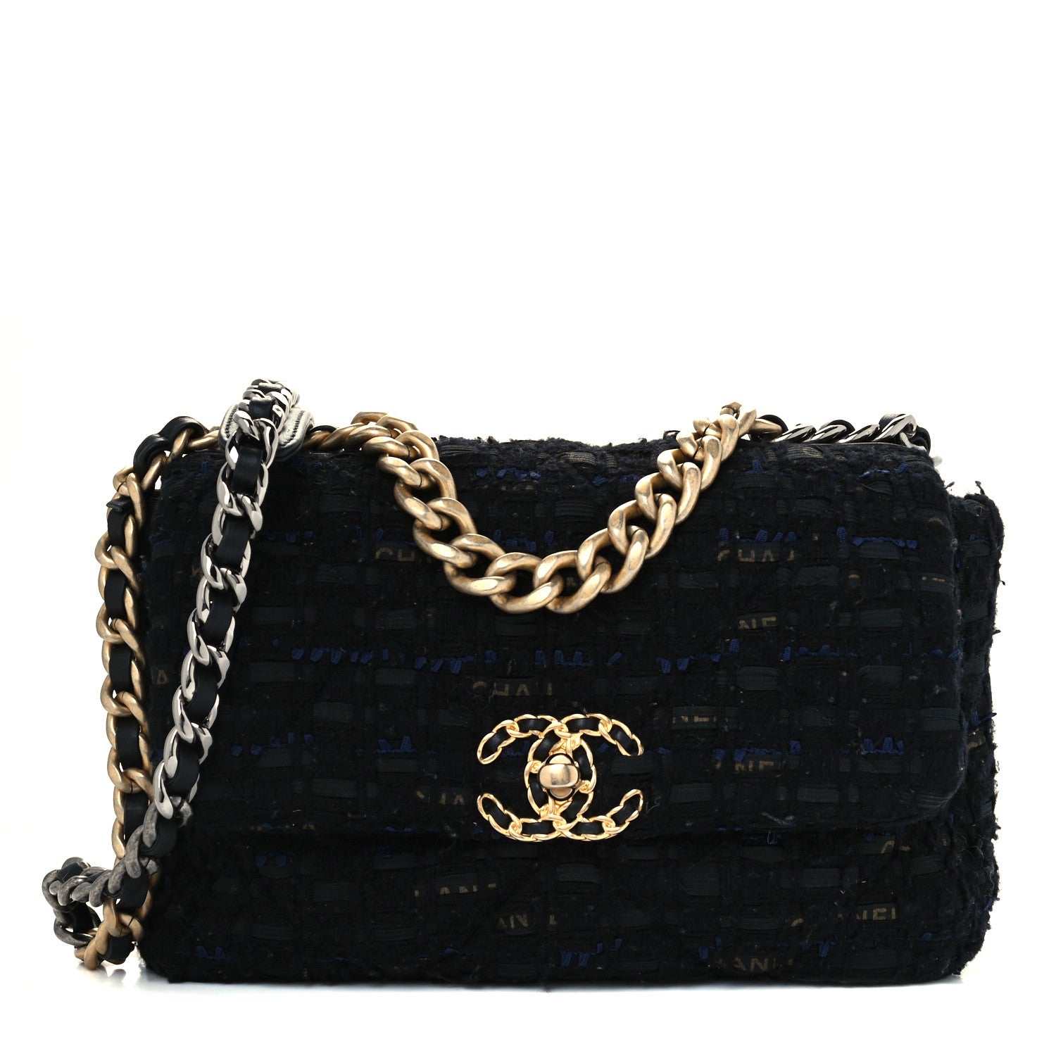 Chanel Tweed Quilted Medium Chanel 19 Flap Black Navy Gold 1 of 12