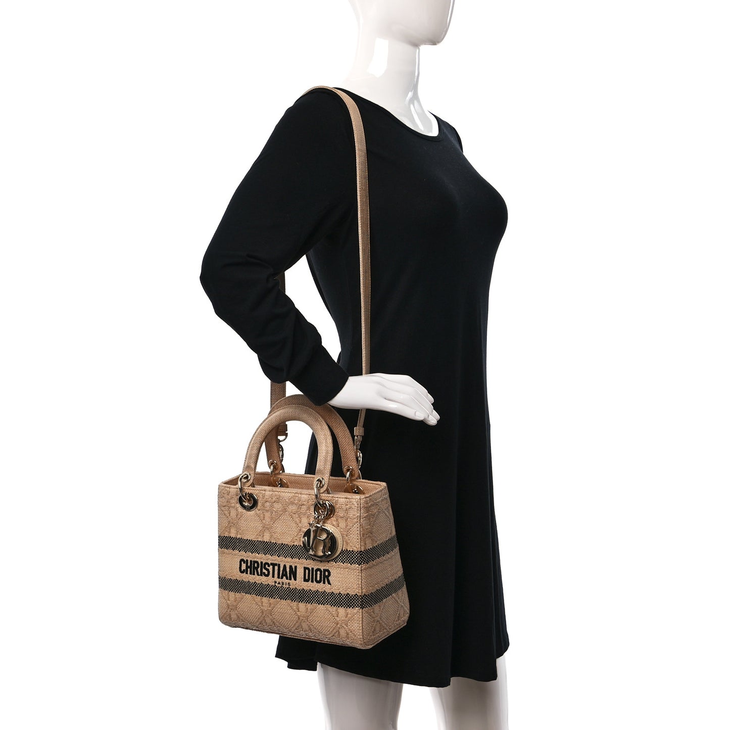 Raffia Woven Cannage Embroidered Medium Lady D-Lite Natural Black