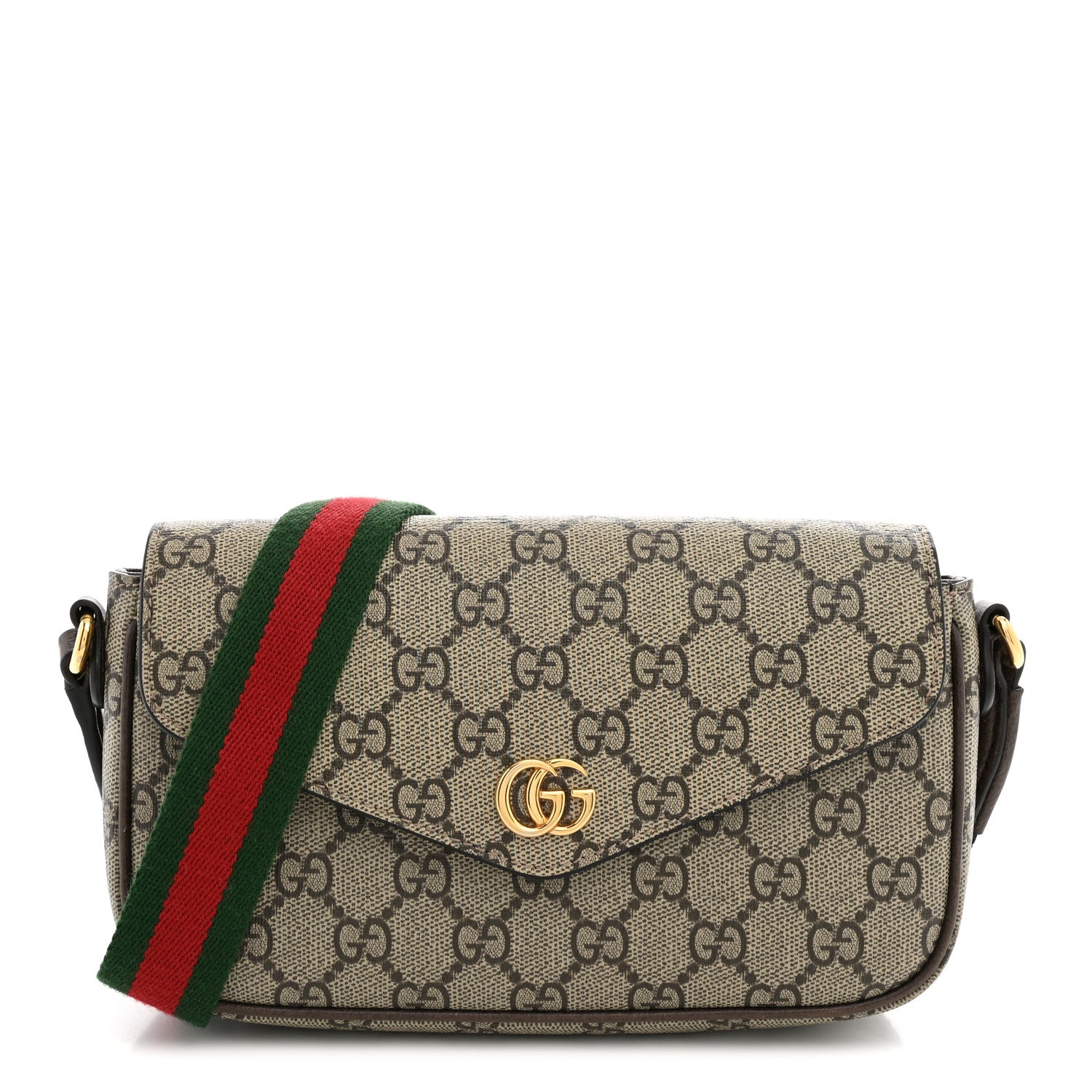 Gucci GG Supreme Monogram Textured Dollar Calfskin Web Mini Ophidia Envelope Shoulder Bag Beige Ebony 1 of 12