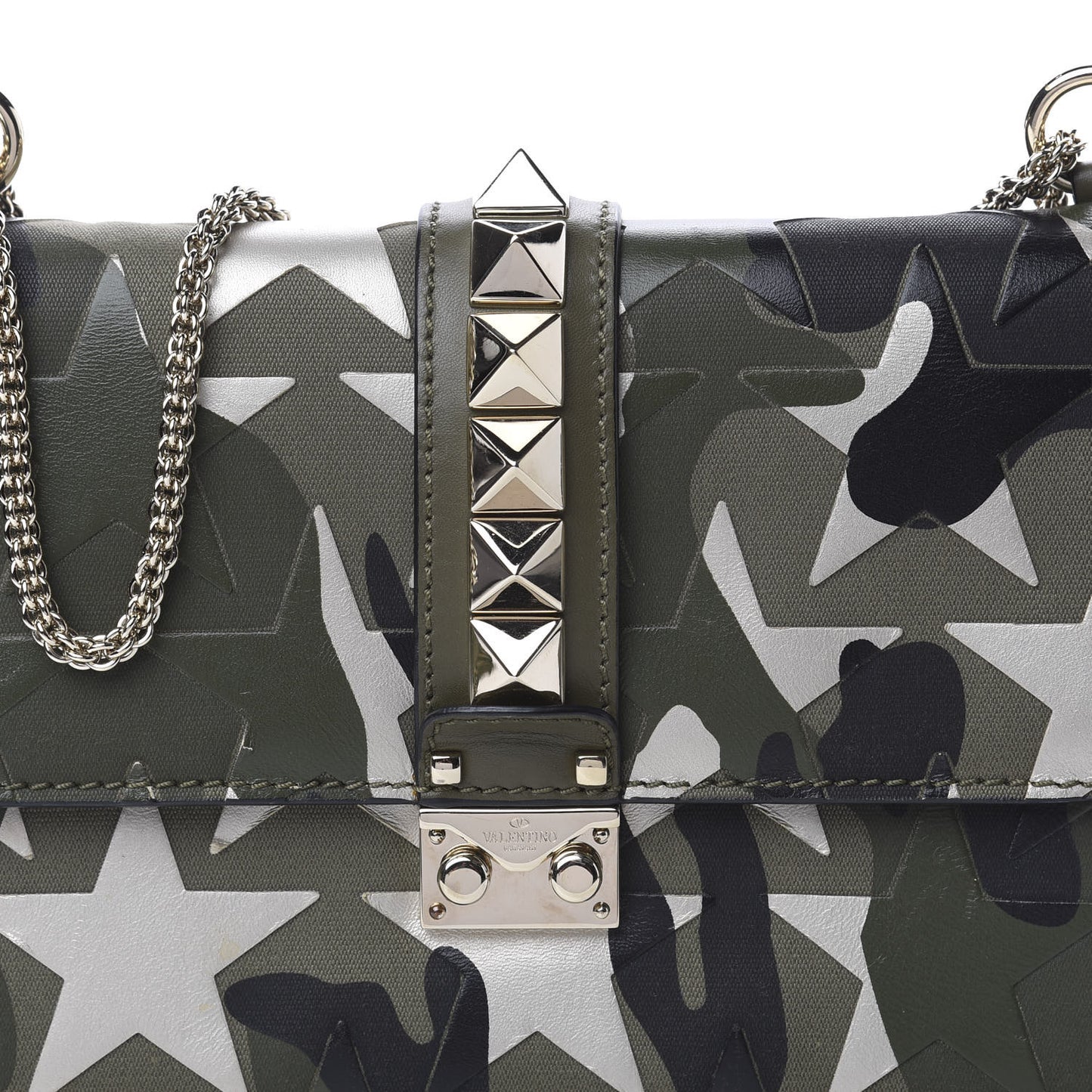 Nappa Canvas Camustars Medium Glam Lock Rockstud Flap Green