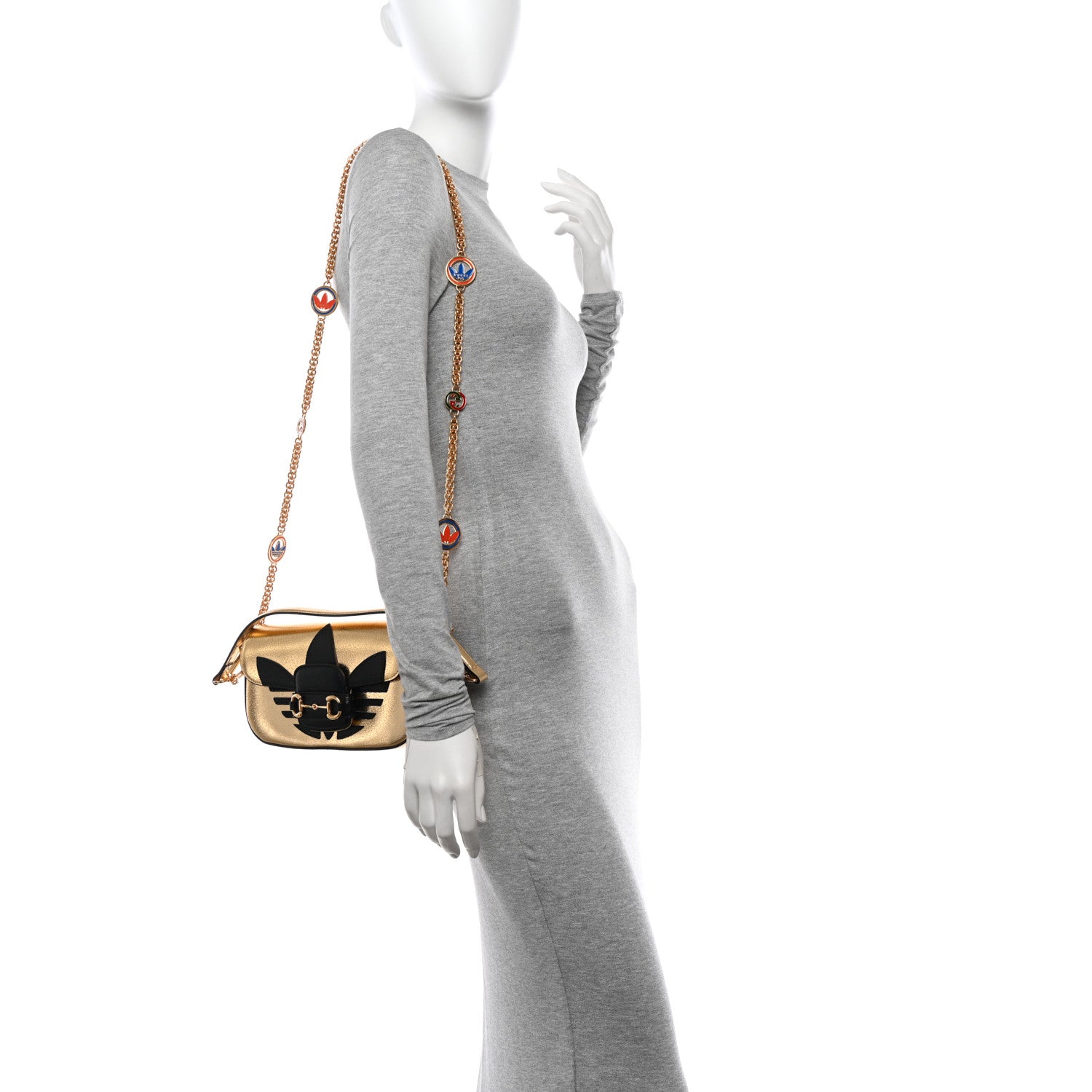 Gucci X ADIDAS Textured Dollar Calfskin Web Trefoil Horsebit 1955 Shoulder Bag King Gold Black 2 of 12