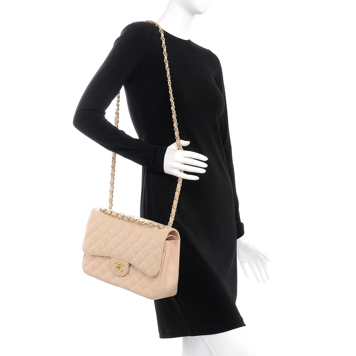 Caviar Quilted Jumbo Double Flap Beige Clair