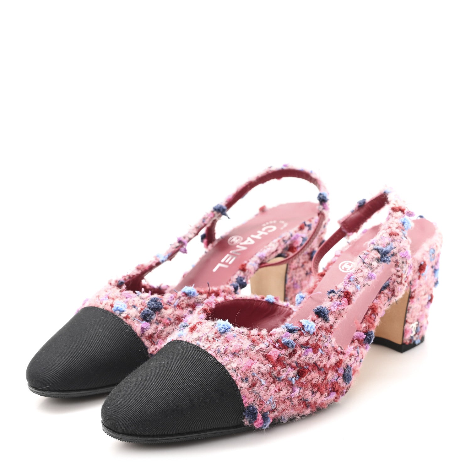 Chanel Tweed Grosgrain Cap Toe CC Slingback Pumps 36.5 Pink Black 4 of 9