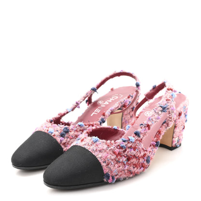 Chanel Tweed Grosgrain Cap Toe CC Slingback Pumps 36.5 Pink Black 4 of 9